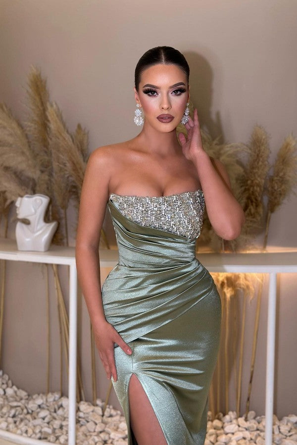 Bmbridal Dusty Sage Herz Ausschnitt Prom Dress Meerjungfrau Stil Slit Long With Beads