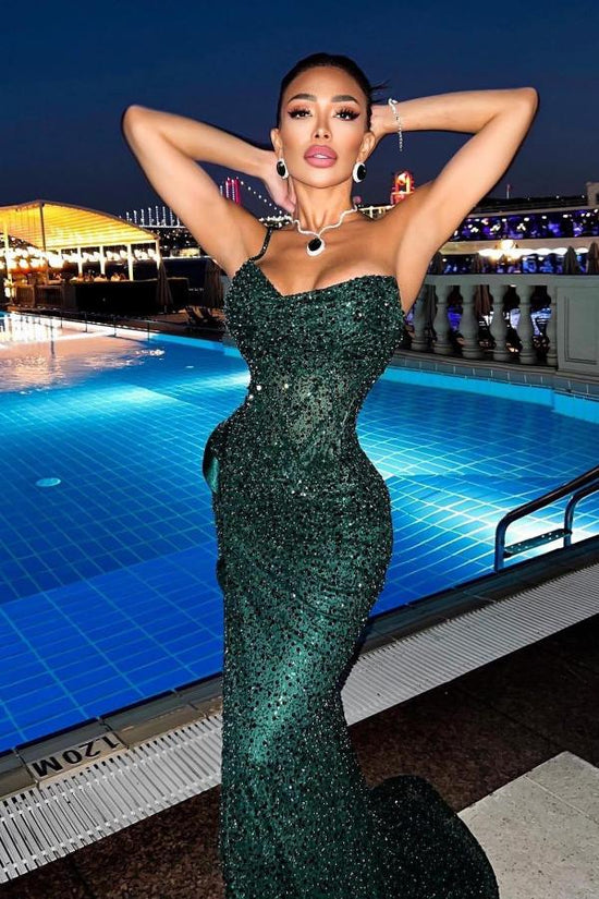 BMbridal Dark Green Sequins Prom Dresses Meerjungfrau Stil Slit Long Herz Ausschnitt