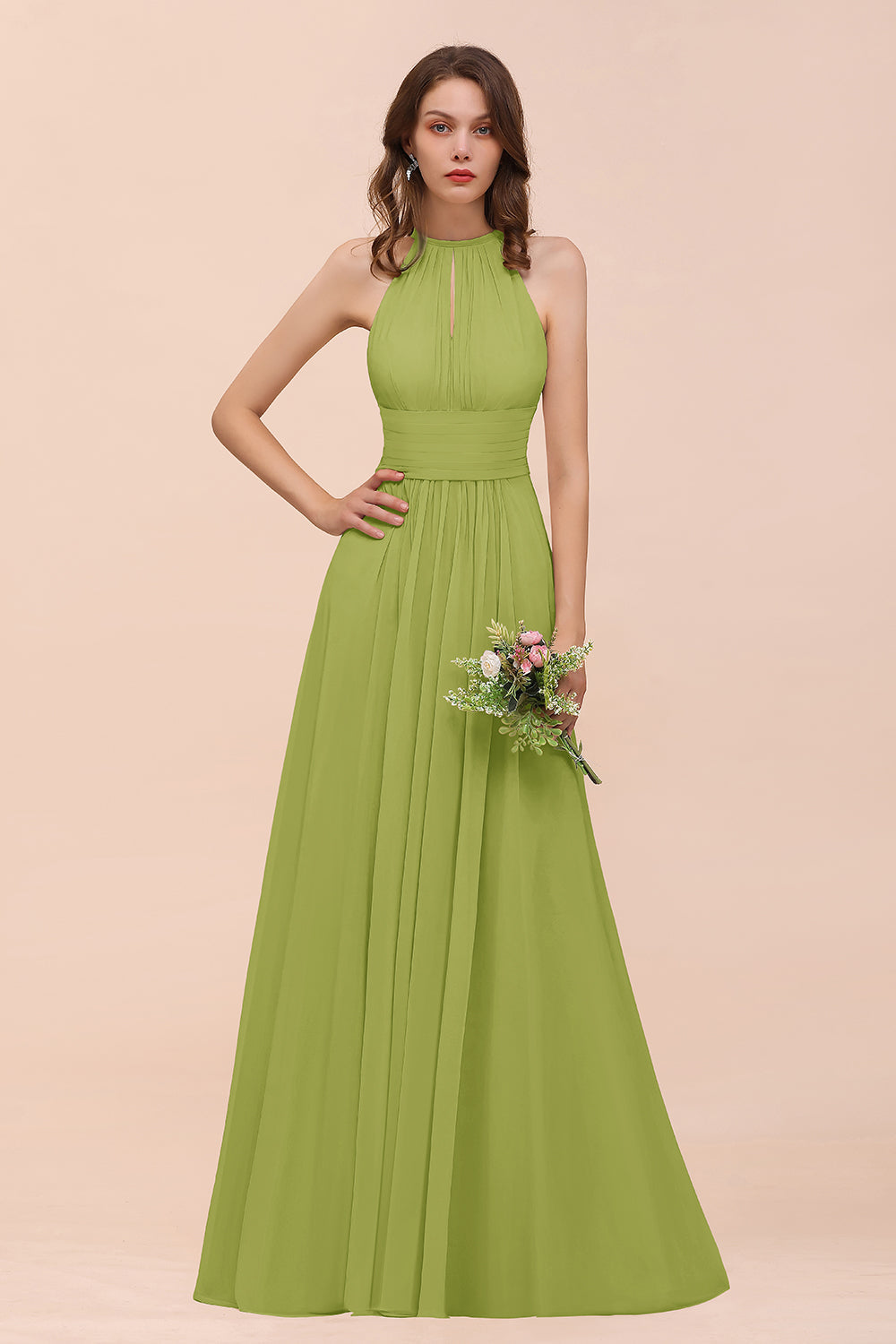 BMbridal Elegant Chiffon Jewel Ruffle Champagne Affordable Bridesmaid Dress Online