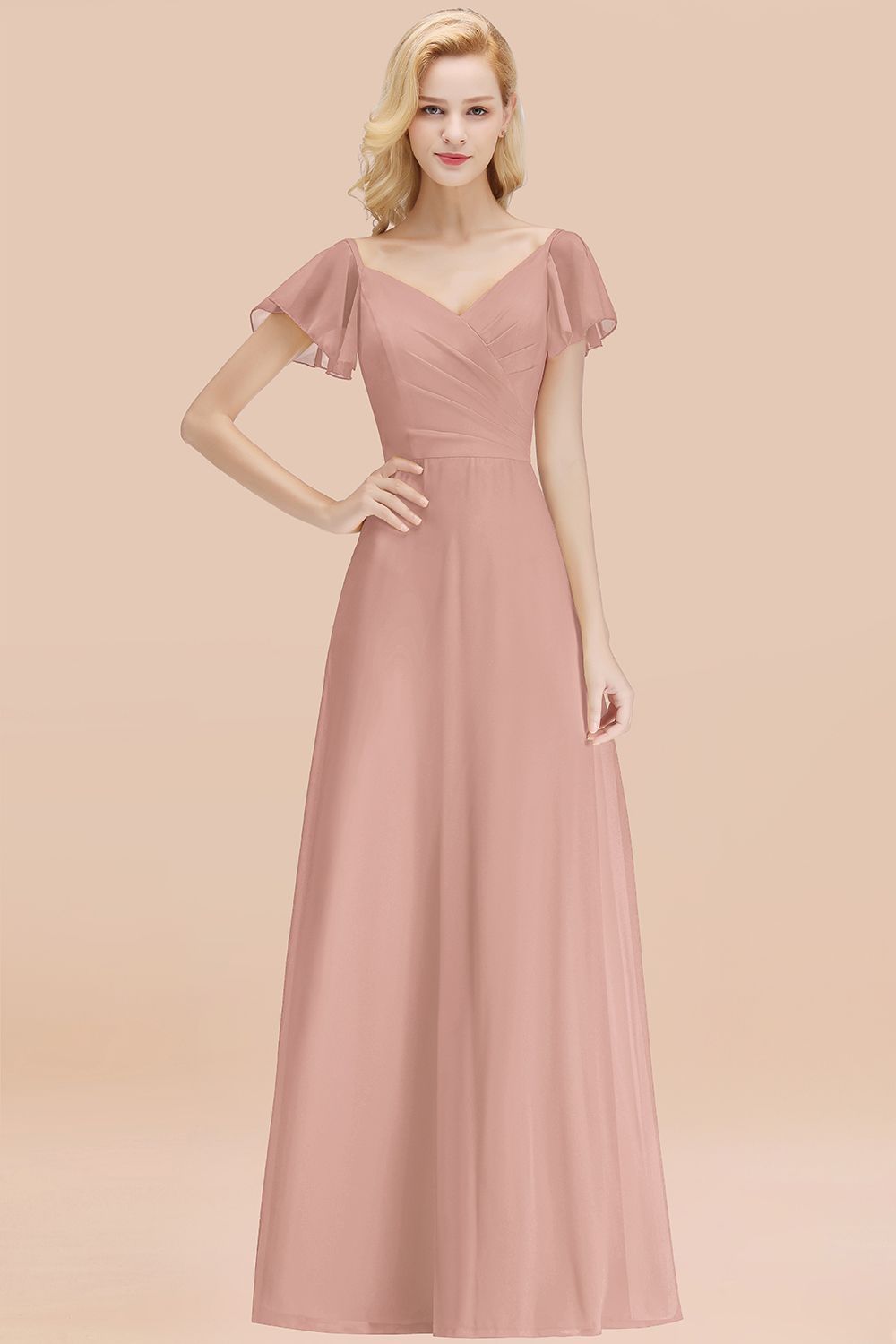 BMbridal Elegent Short-Sleeve Long Bridesmaid Dress Online Yellow Chiffon Hochzeit Party Dress