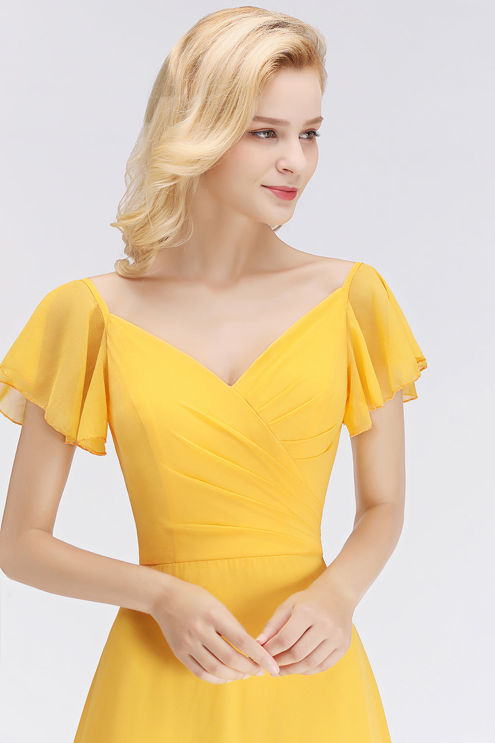 BMbridal Elegent Short-Sleeve Long Bridesmaid Dress Online Yellow Chiffon Hochzeit Party Dress