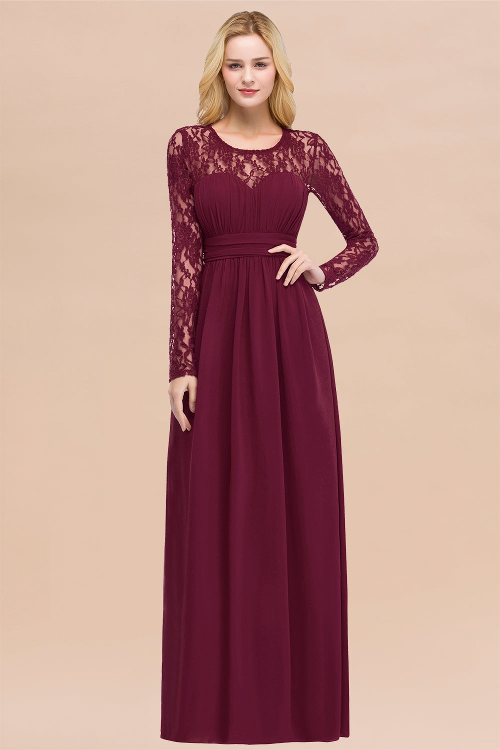 BMbridal Elegant Spitze Burgundy Bridesmaid Dresses Online with Langarm