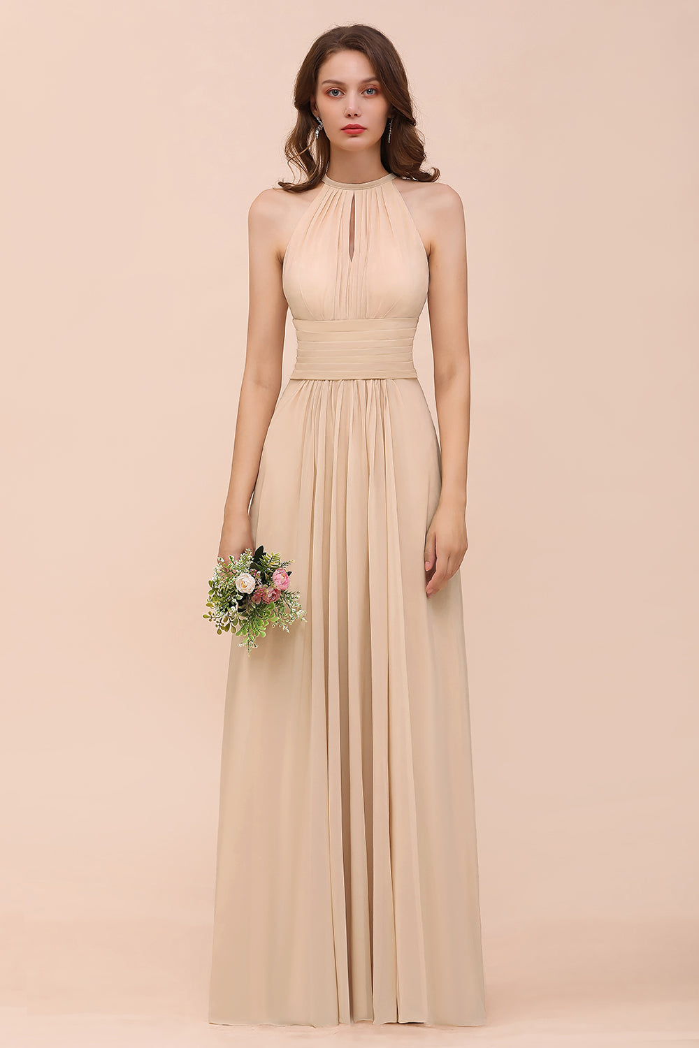 Laden Sie das Bild in den Galerie-Viewer, BMbridal Elegant Chiffon Jewel Ruffle Champagne Affordable Bridesmaid Dress Online
