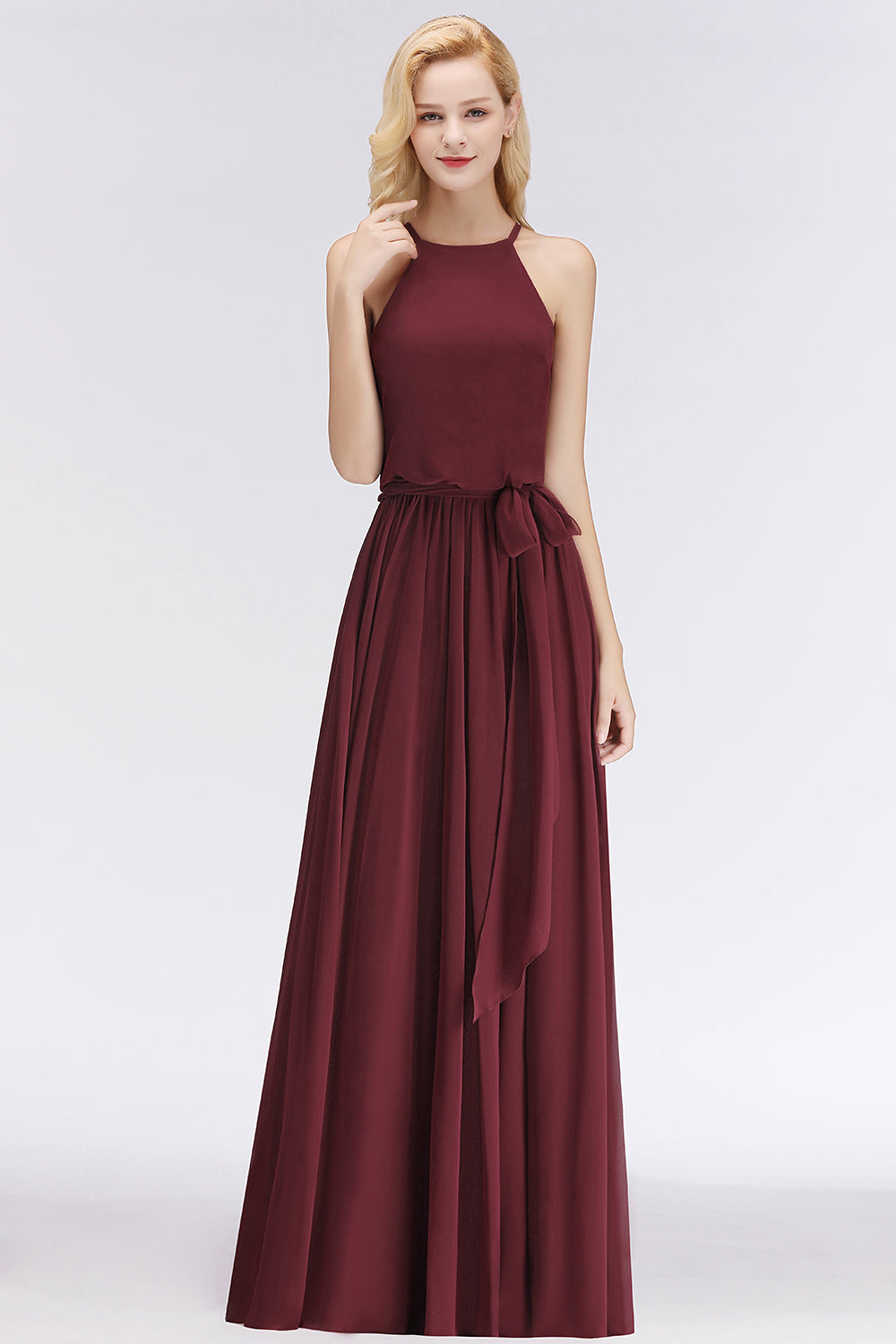 BMbridal Affordable Neckholder Schleife Long Bridesmaid Dress Modest Burgundy Chiffon Hochzeit Party Dress