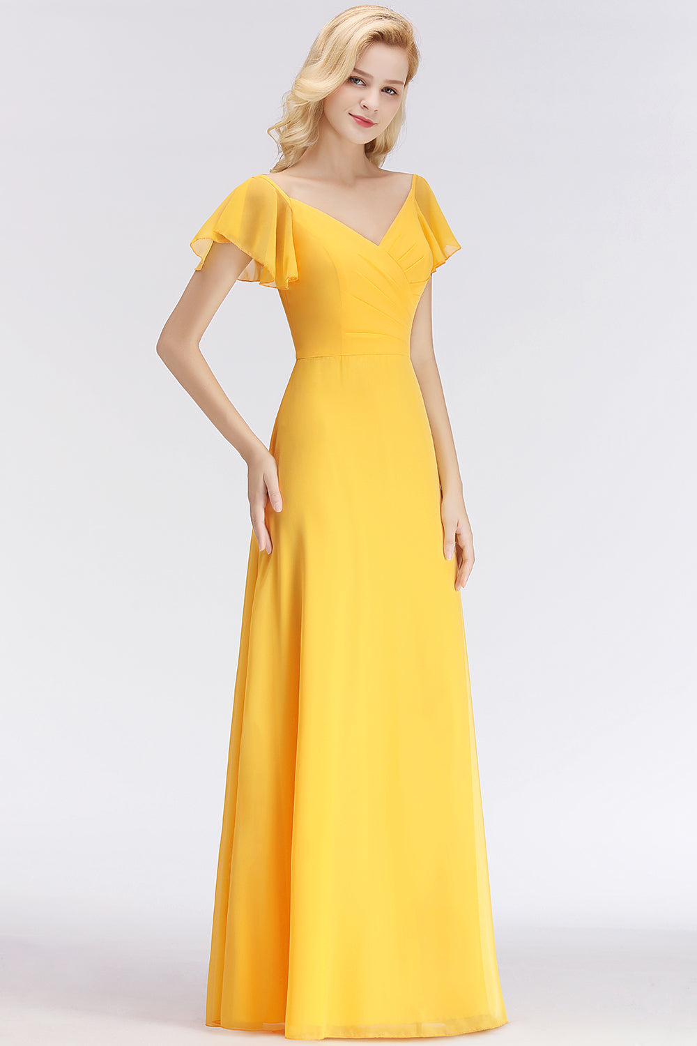 BMbridal Elegent Short-Sleeve Long Bridesmaid Dress Online Yellow Chiffon Hochzeit Party Dress