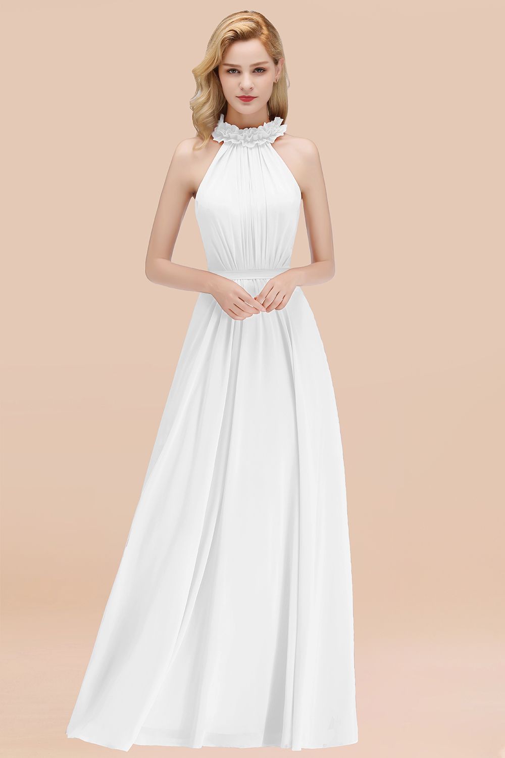 BMbridal Modest High-Neck Neckholder Ruffle Chiffon Bridesmaid Dresses Affordable