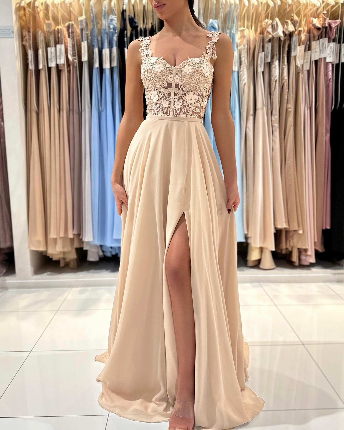 Bmbridal Träger Quadrat Prom Dress Champagne Slit With Applikation