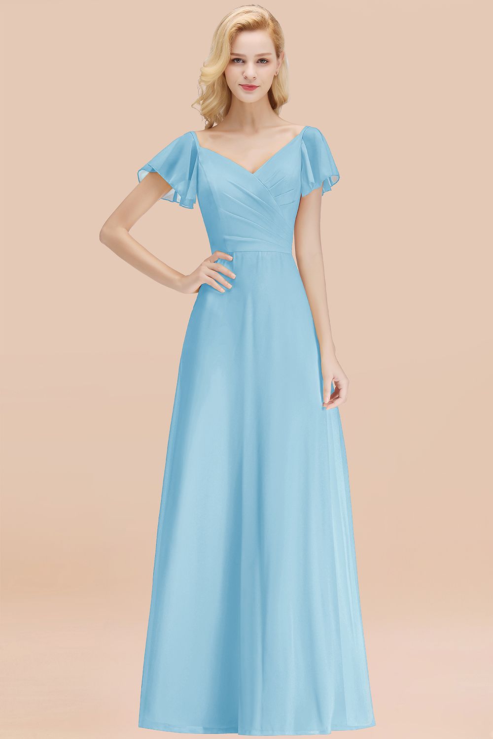 BMbridal Elegent Short-Sleeve Long Bridesmaid Dress Online Yellow Chiffon Hochzeit Party Dress