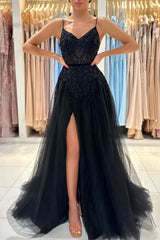 Bmbridal Späghetti-Träger Black Prom Dress Ärmellos Tüll With Split