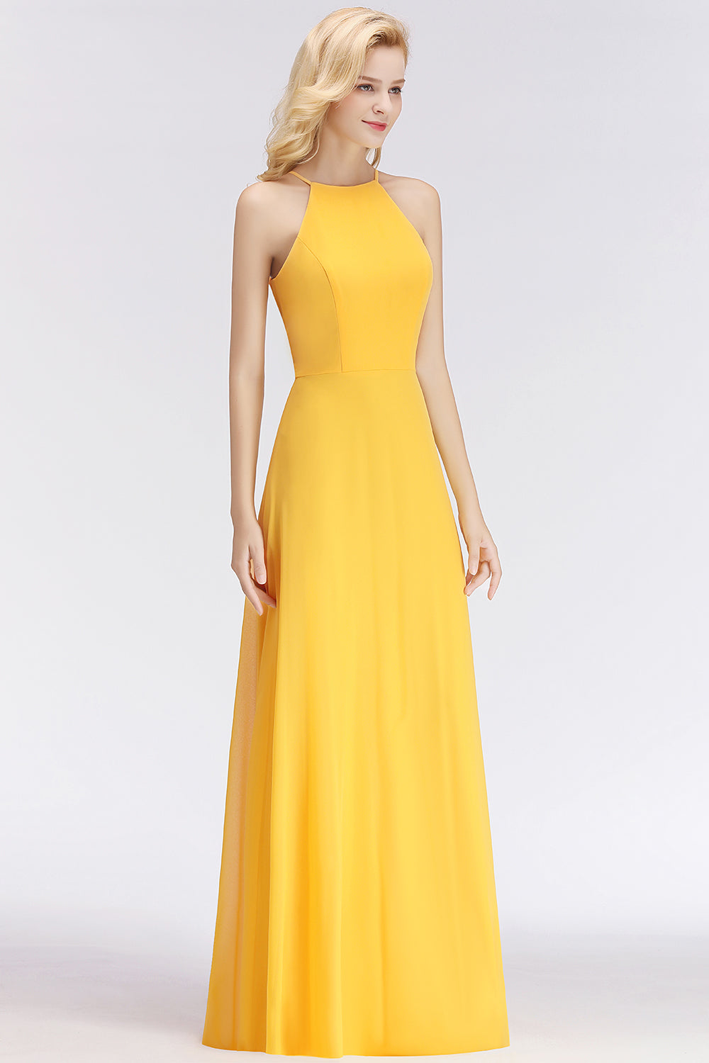 BMbridal Modest High-Neck Yellow Chiffon Affordable Bridesmaid Dresses Online