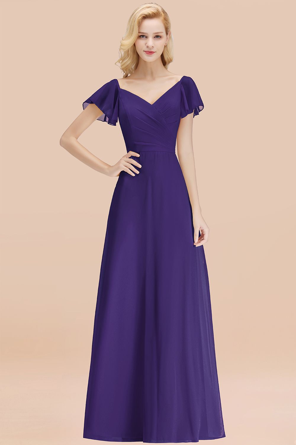 BMbridal Elegent Short-Sleeve Long Bridesmaid Dress Online Yellow Chiffon Hochzeit Party Dress