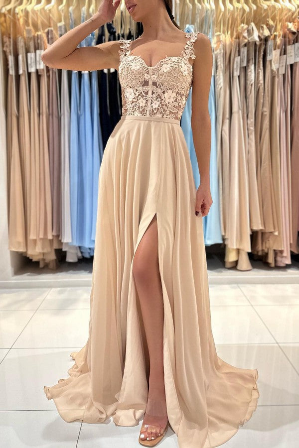 Bmbridal Träger Quadrat Prom Dress Champagne Slit With Applikation