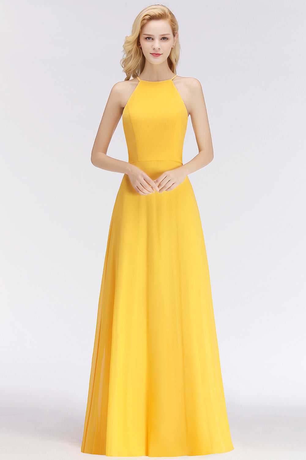 BMbridal Modest High-Neck Yellow Chiffon Affordable Bridesmaid Dresses Online