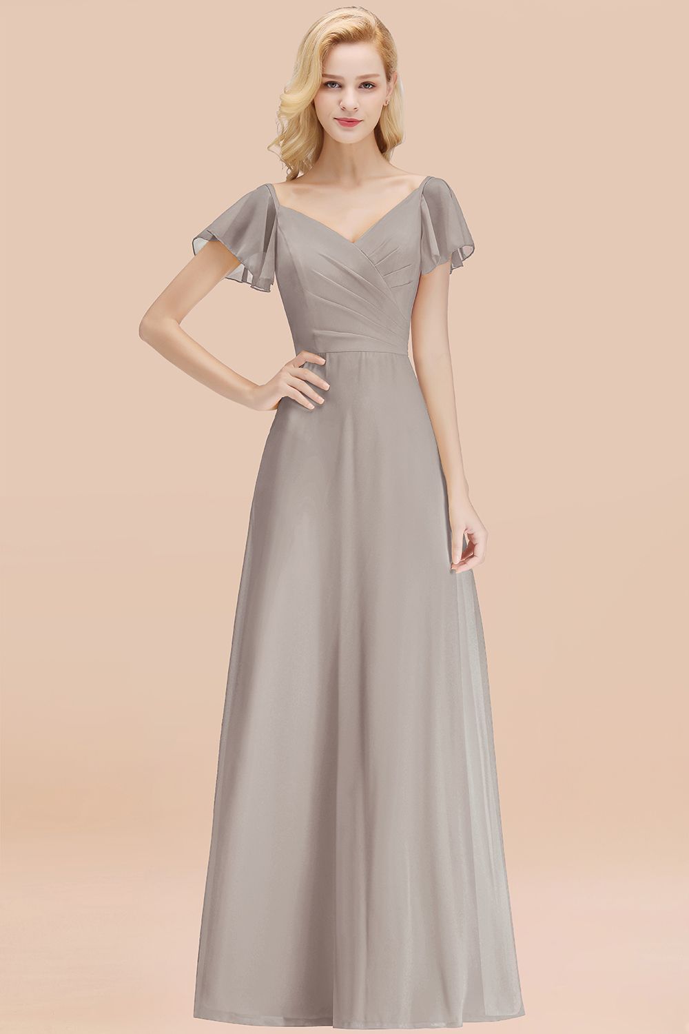 BMbridal Elegent Short-Sleeve Long Bridesmaid Dress Online Yellow Chiffon Hochzeit Party Dress