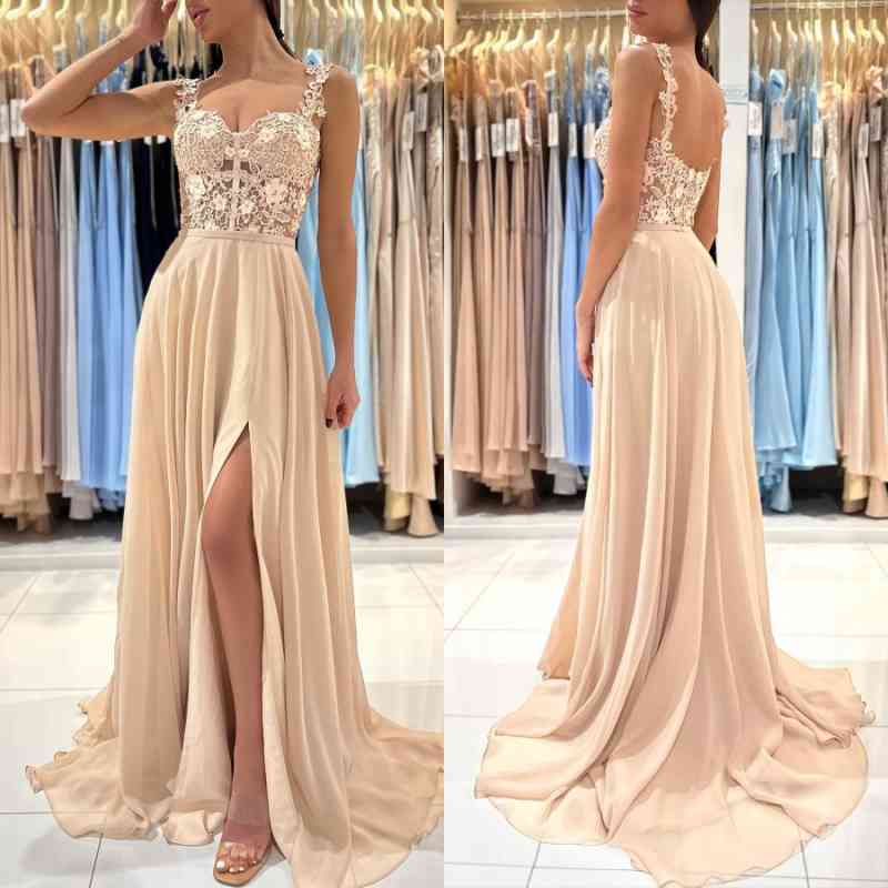 Bmbridal Träger Quadrat Prom Dress Champagne Slit With Applikation