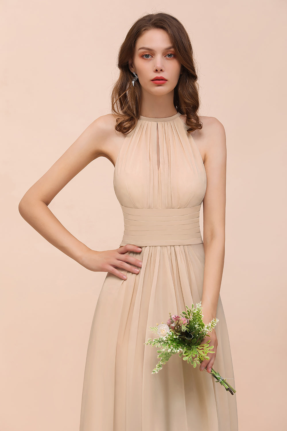 BMbridal Elegant Chiffon Jewel Ruffle Champagne Affordable Bridesmaid Dress Online