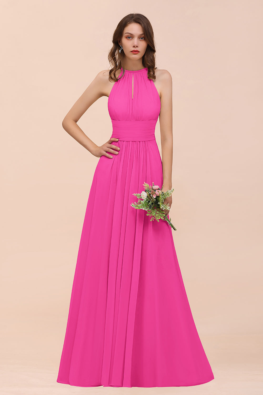 BMbridal Elegant Chiffon Jewel Ruffle Champagne Affordable Bridesmaid Dress Online