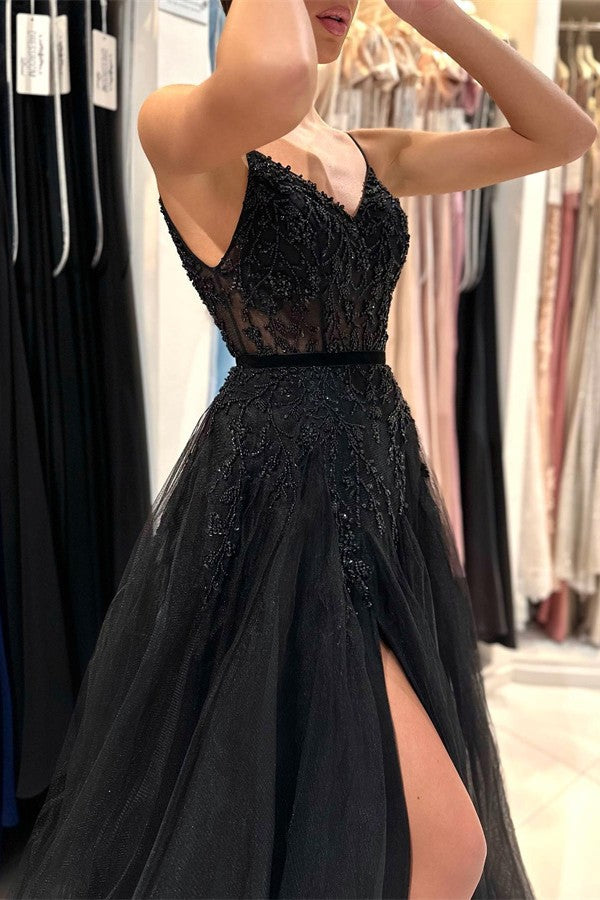 Bmbridal Späghetti-Träger Black Prom Dress Ärmellos Tüll With Split