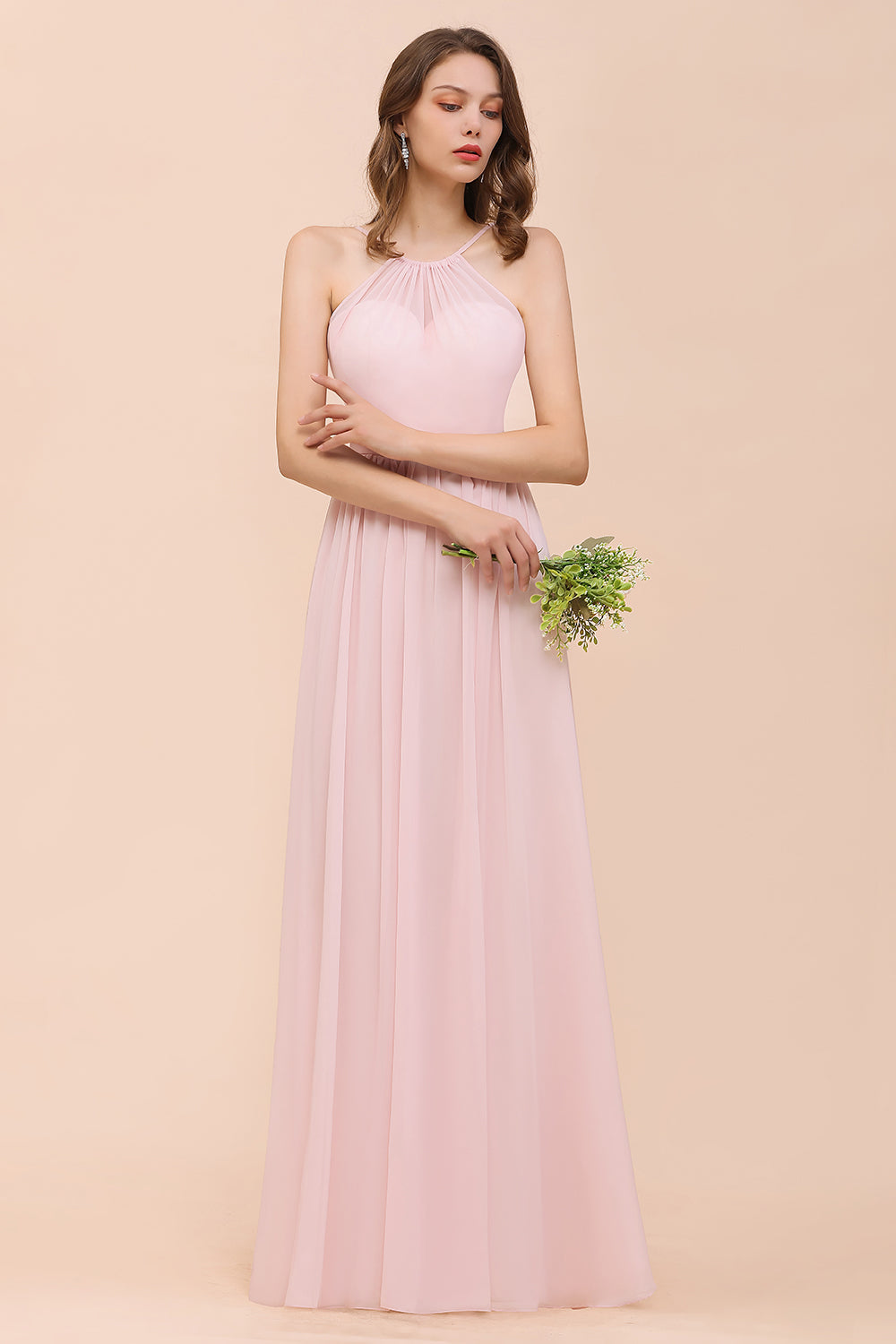 BMbridal Gorgeous Chiffon Neckholder Ruffle Affordable Long Bridesmaid Dress