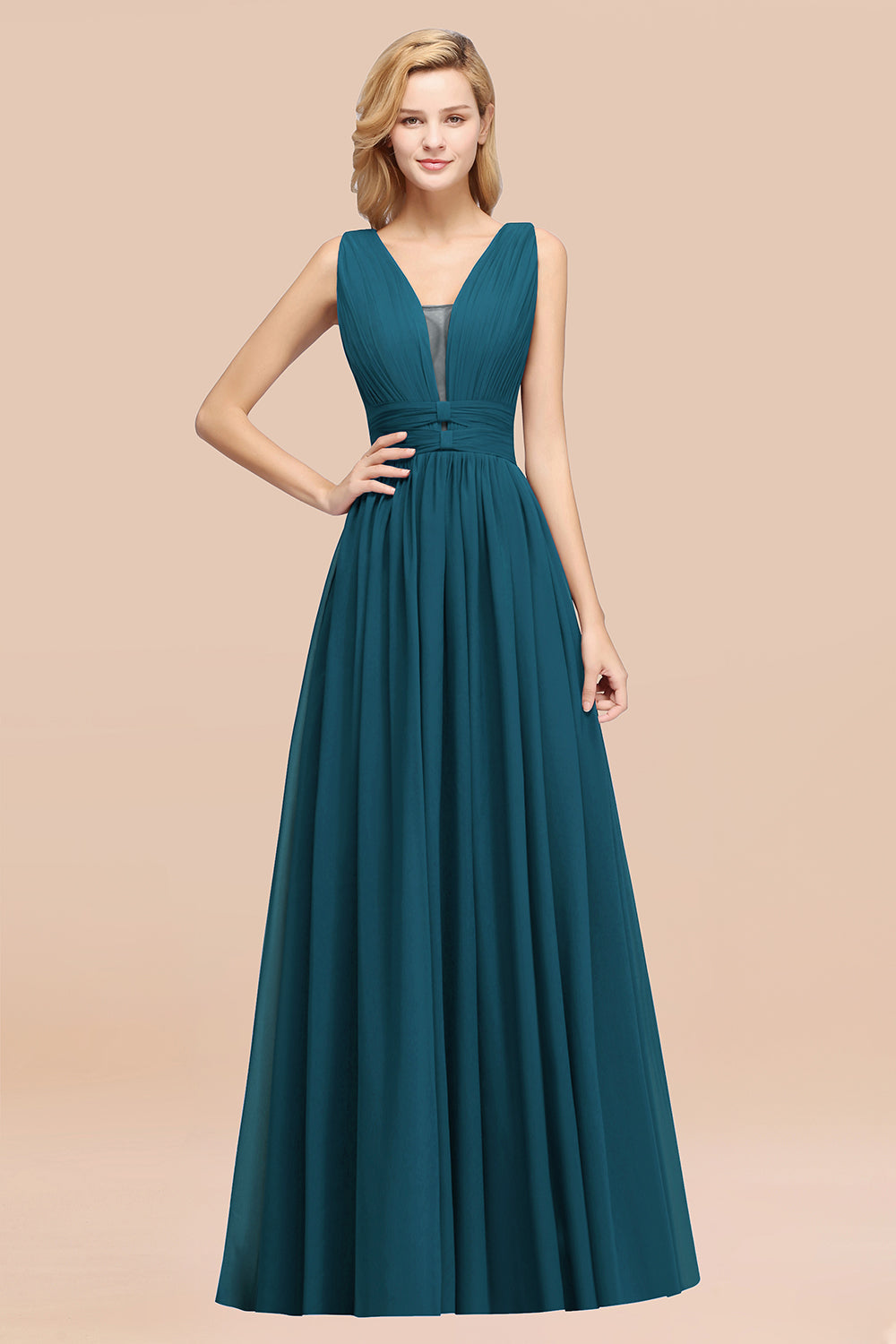 BMbridal Modest Dark Green Long Bridesmaid Dress Deep V Ausschnitt Chiffon Maid of Honor Dress