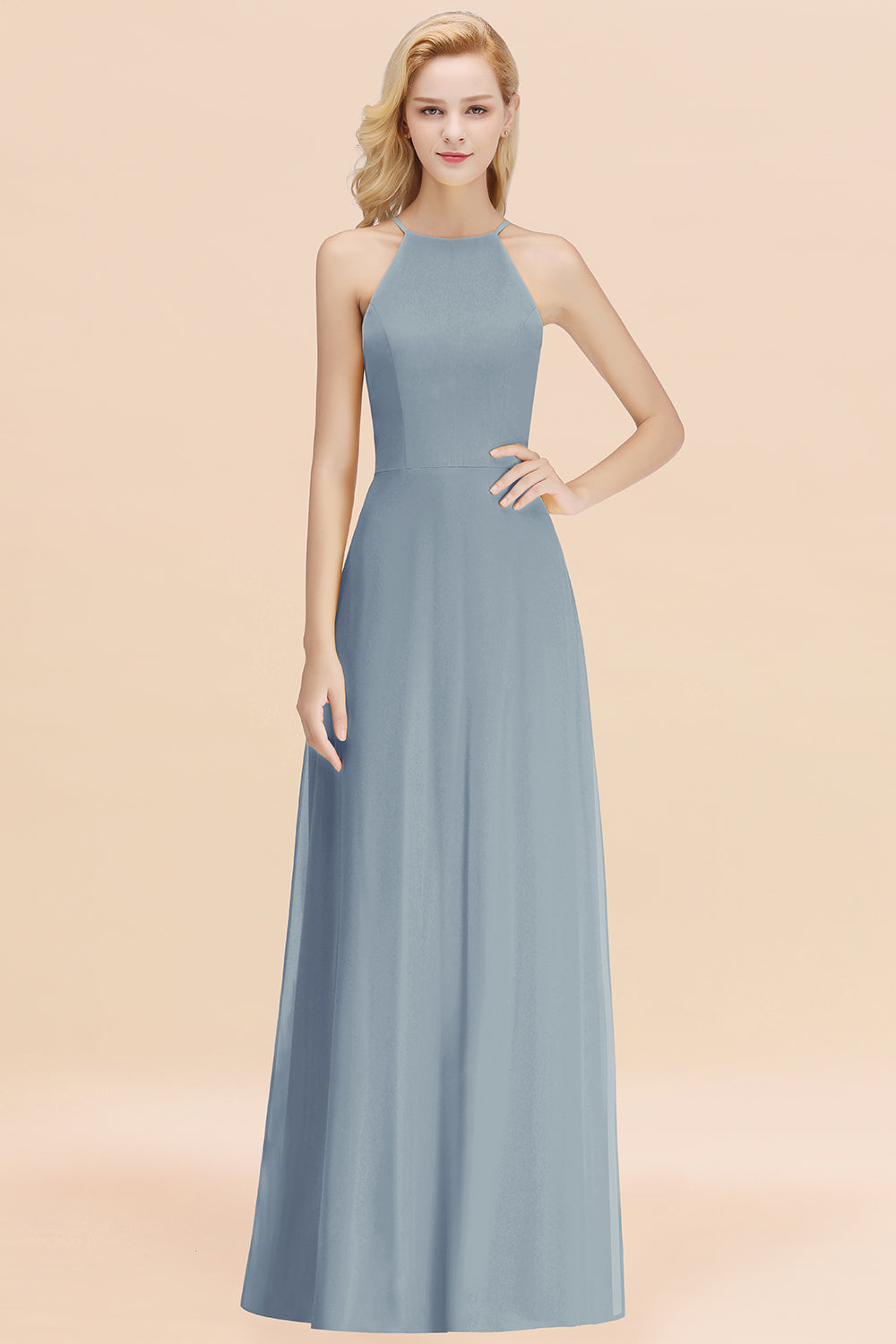 BMbridal Modest High-Neck Yellow Chiffon Affordable Bridesmaid Dresses Online