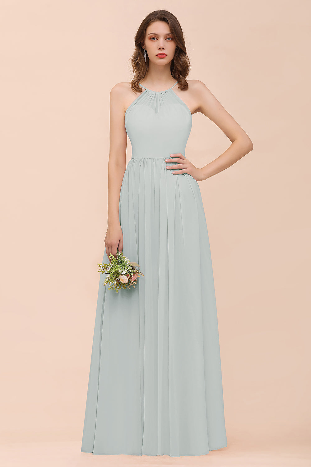 BMbridal Gorgeous Chiffon Neckholder Ruffle Affordable Long Bridesmaid Dress