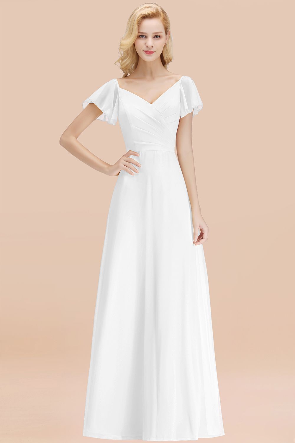 BMbridal Elegent Short-Sleeve Long Bridesmaid Dress Online Yellow Chiffon Hochzeit Party Dress