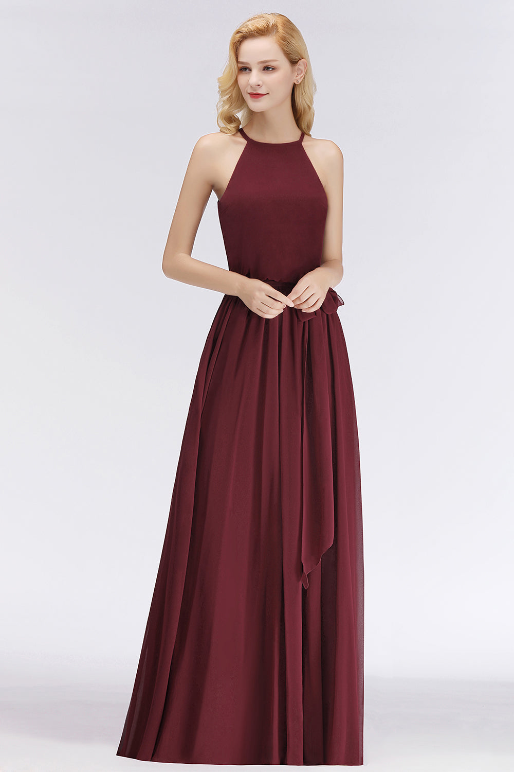 BMbridal Affordable Neckholder Schleife Long Bridesmaid Dress Modest Burgundy Chiffon Hochzeit Party Dress