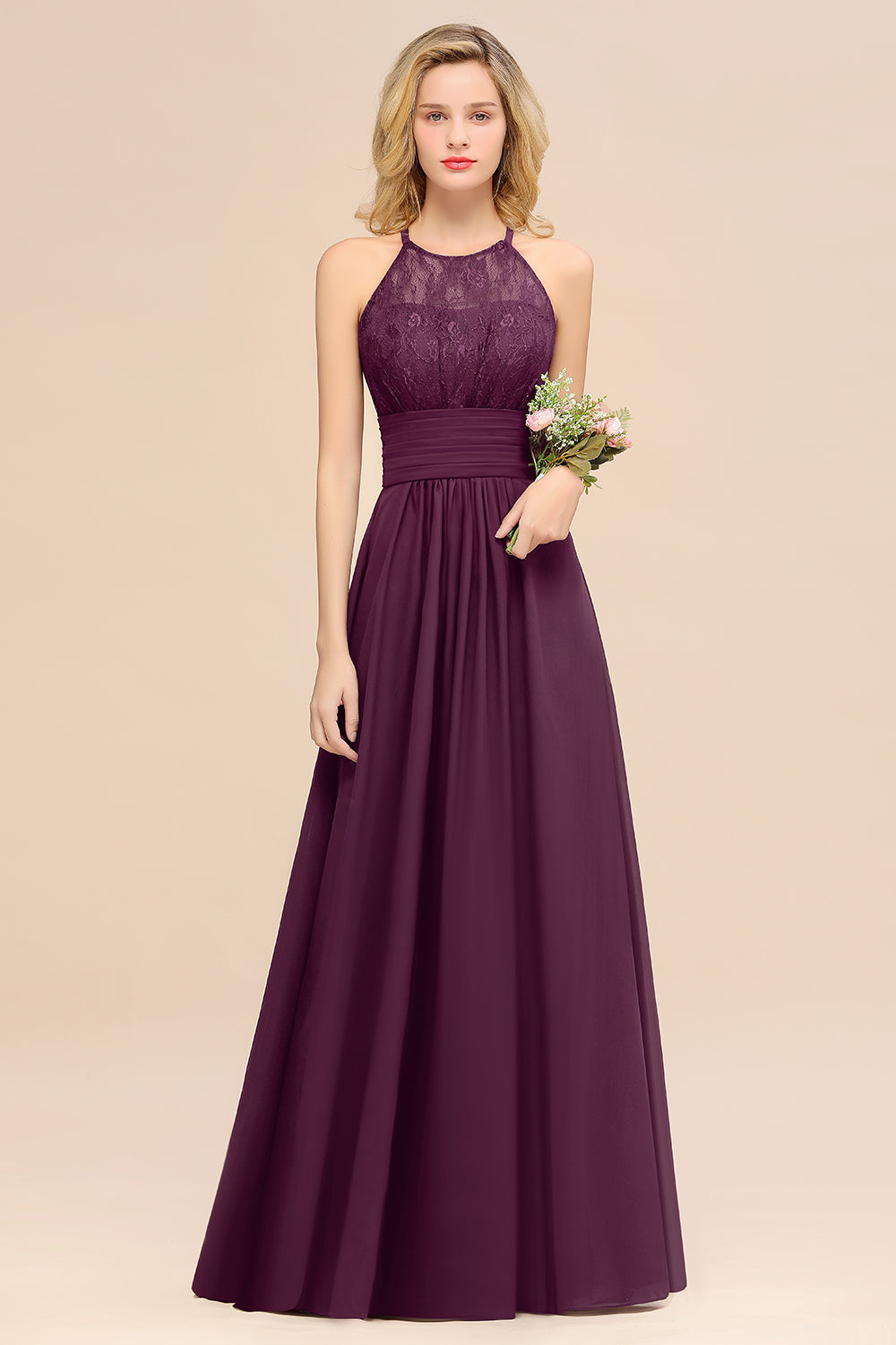 BMbridal Elegant Neckholder Rüschen Ärmellos Grape Spitze Bridesmaid Dresses Affordable