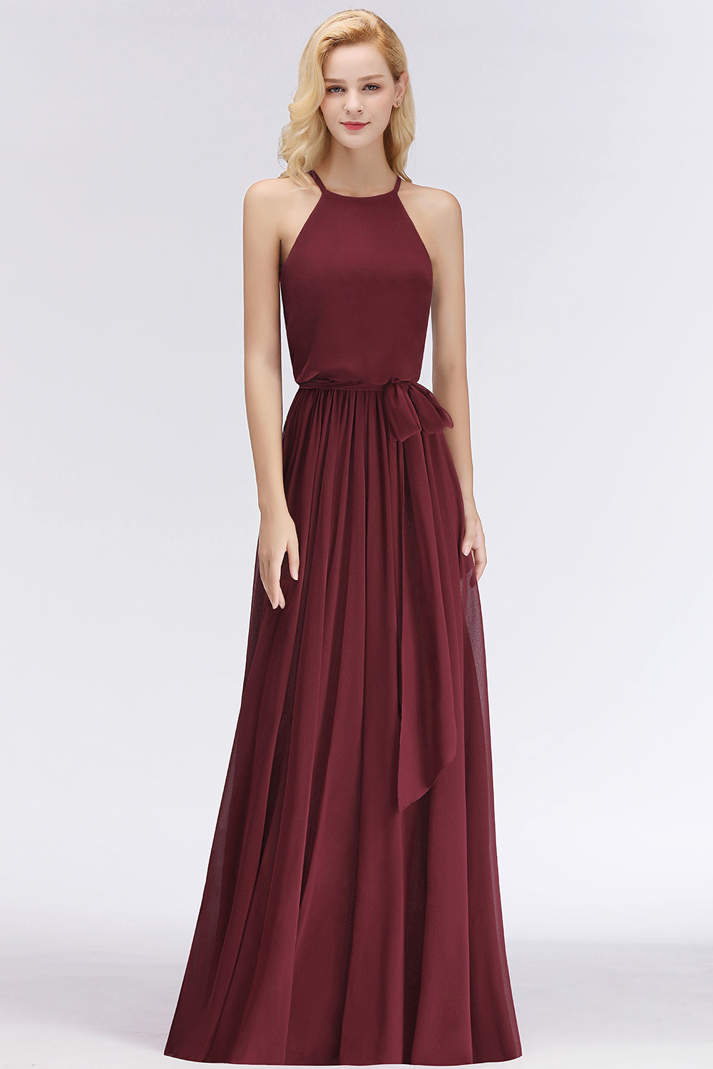 BMbridal Affordable Neckholder Schleife Long Bridesmaid Dress Modest Burgundy Chiffon Hochzeit Party Dress