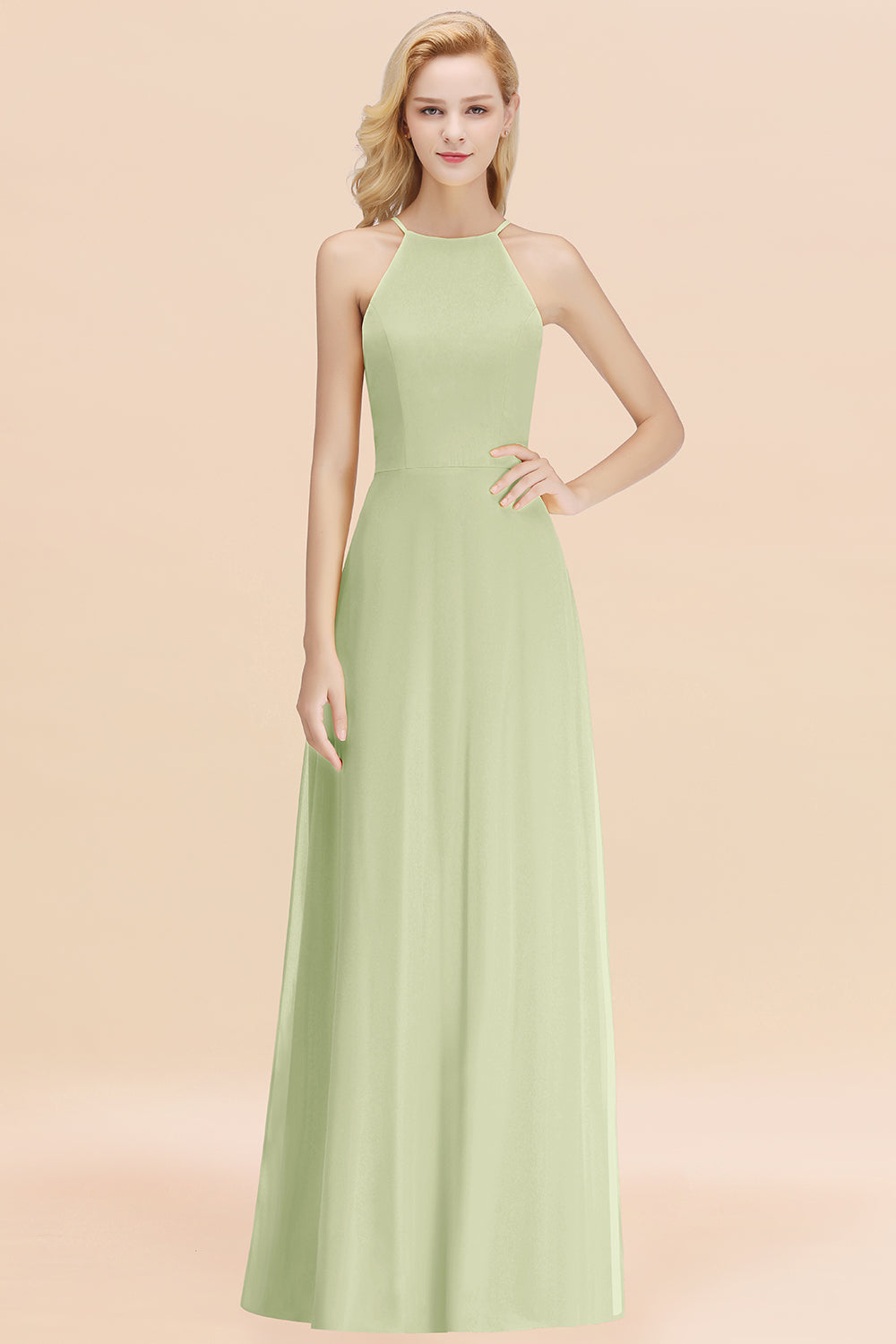 BMbridal Modest High-Neck Yellow Chiffon Affordable Bridesmaid Dresses Online