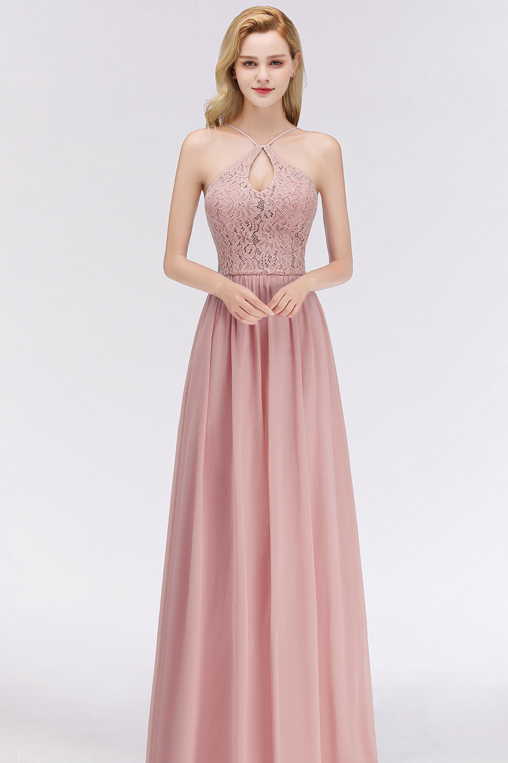 Laden Sie das Bild in den Galerie-Viewer, BMbridal Elegant Spitze Keyhole Neckholder Dusty Rose Chiffon Bridesmaid Dress Affordable

