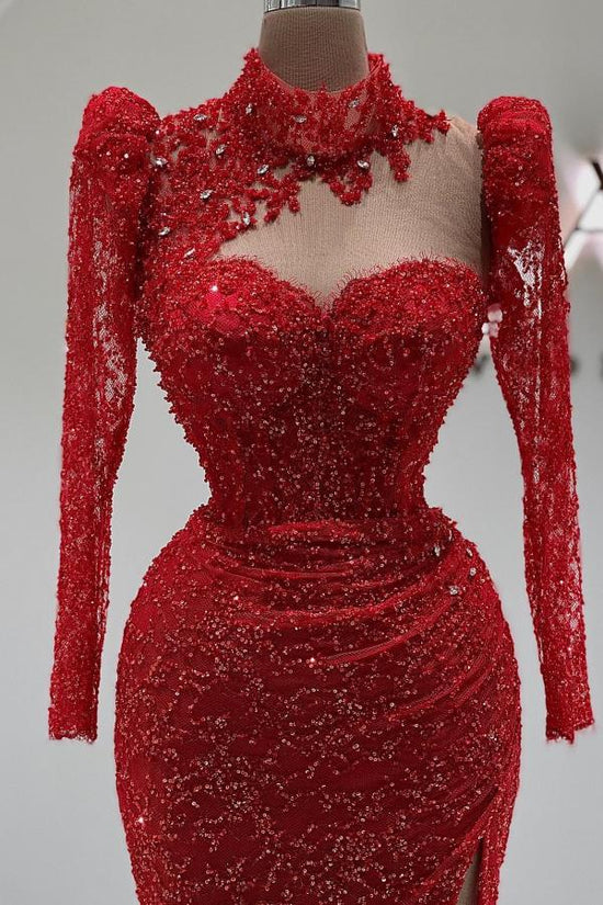 Bmbridal Red Langarm Evening Dress Meerjungfrau Stil Long With Spitze