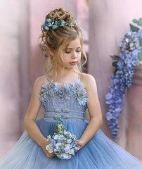 BMbridal Blue Späghetti-Träger Tüll Flower Girl Dress Layered With Applikation