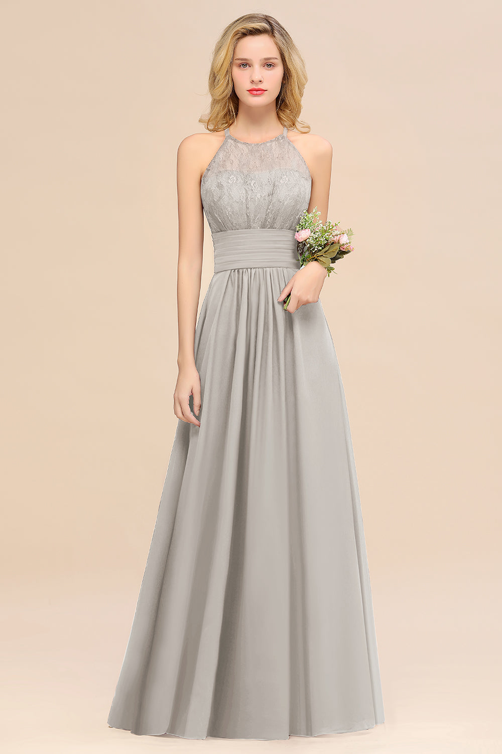 BMbridal Elegant Neckholder Rüschen Ärmellos Grape Spitze Bridesmaid Dresses Affordable