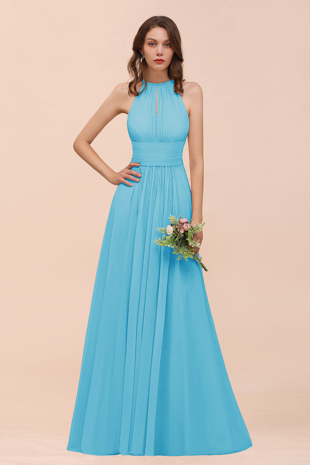 BMbridal Elegant Chiffon Jewel Ruffle Champagne Affordable Bridesmaid Dress Online