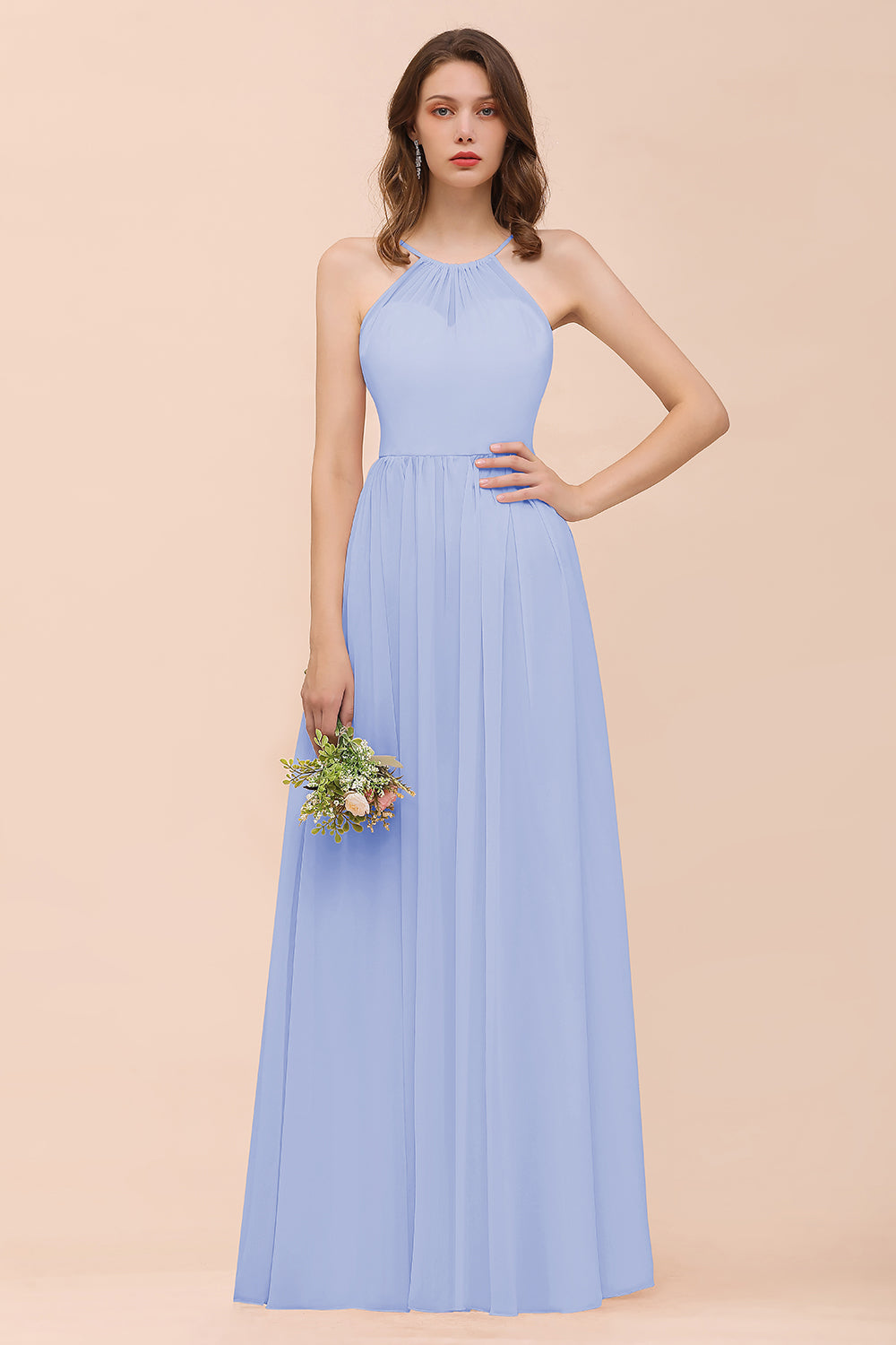 BMbridal Gorgeous Chiffon Neckholder Ruffle Affordable Long Bridesmaid Dress