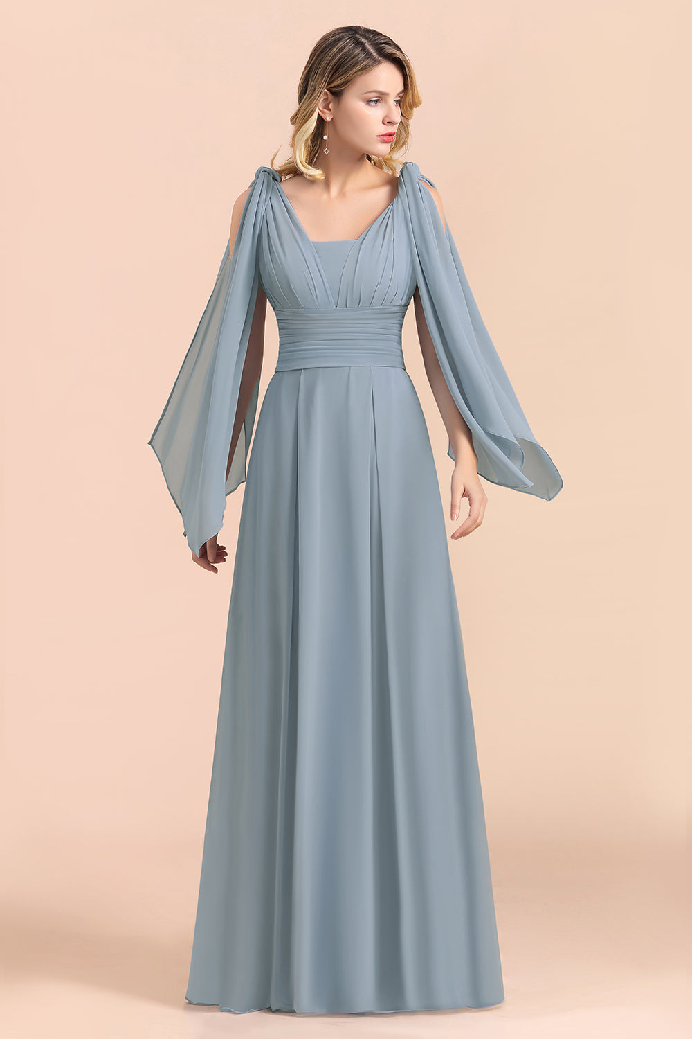 Finden Sie bei babyonlinedress.de Steel Blue Brautjungfernkleider Lang online.  Chiffon Kleider Günstig für Sie zur Hochzeit gehen,