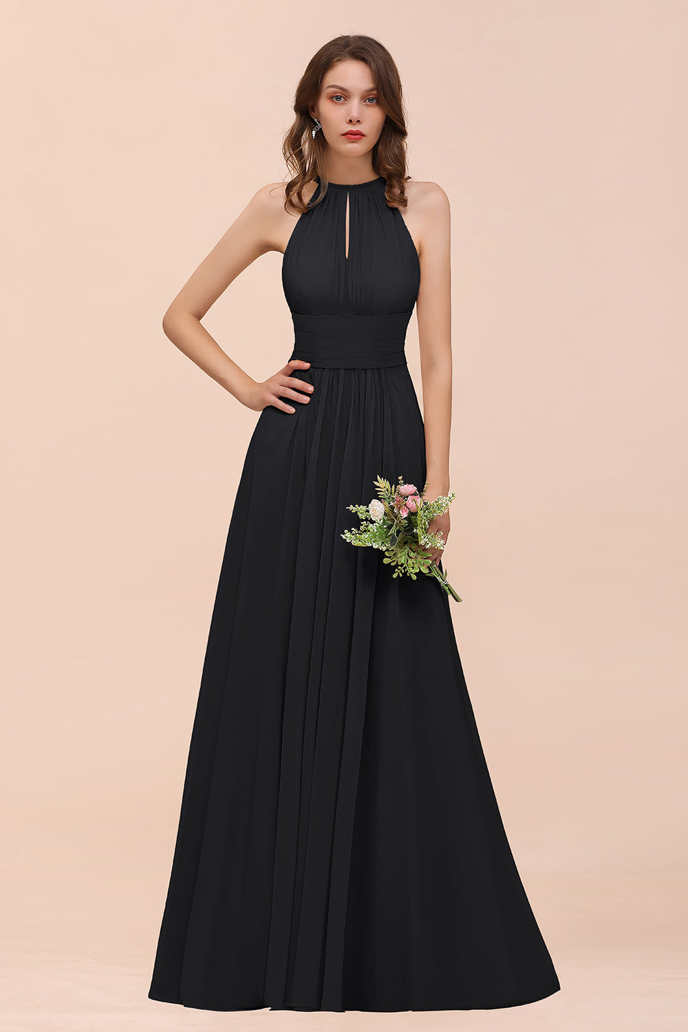 BMbridal Elegant Chiffon Jewel Ruffle Champagne Affordable Bridesmaid Dress Online