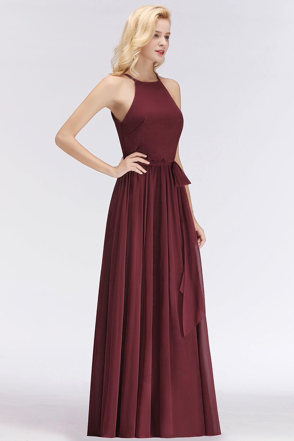 BMbridal Affordable Neckholder Schleife Long Bridesmaid Dress Modest Burgundy Chiffon Hochzeit Party Dress