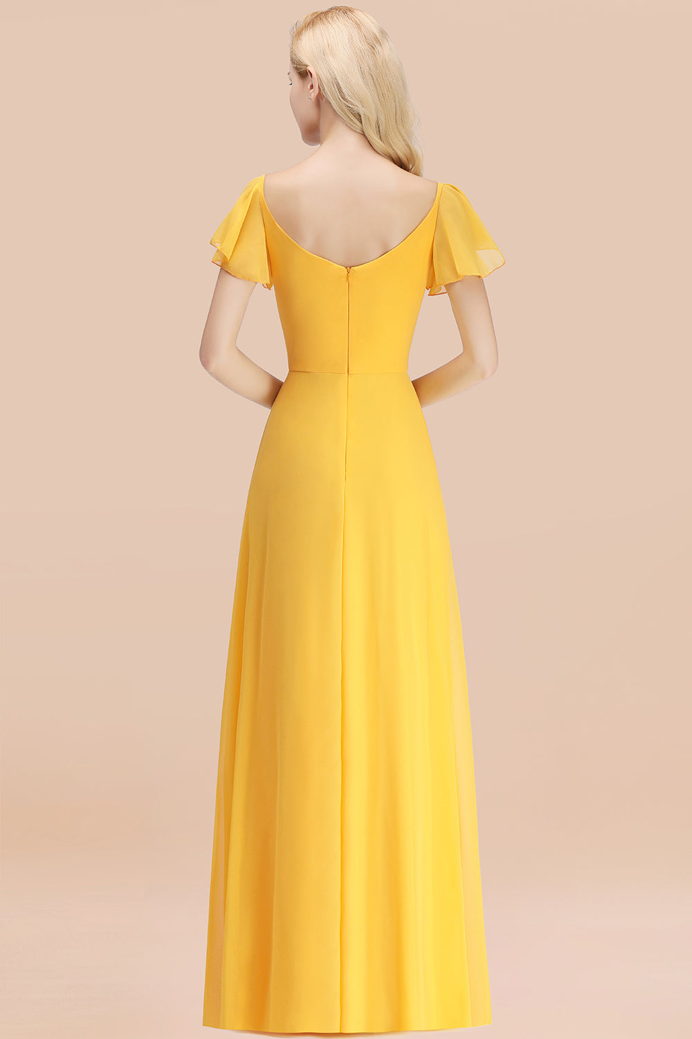 BMbridal Elegent Short-Sleeve Long Bridesmaid Dress Online Yellow Chiffon Hochzeit Party Dress