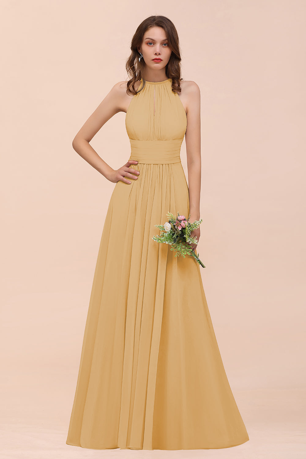 BMbridal Elegant Chiffon Jewel Ruffle Champagne Affordable Bridesmaid Dress Online