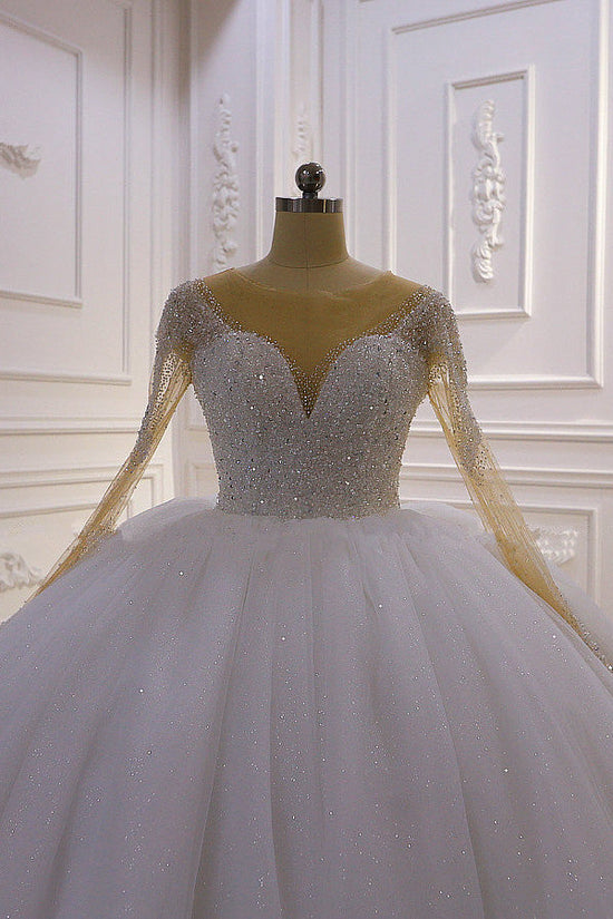 Laden Sie das Bild in den Galerie-Viewer, Suchen Sie Weiße Brautkleider Prinzessin Glitzer online bei babyonlinedress.de. Hochzeitskleider mit Ärmel aus tüll für Sie zur Hochzeit gehen.
