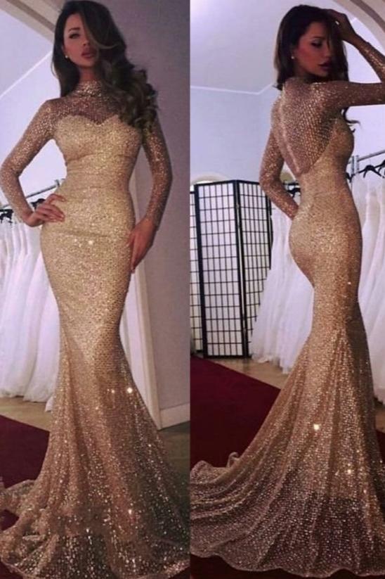 Bekommen SIe Designer Gold Abendkleider Mit Ärmel Pailletten online bei Thekleid.de. Abendmoden Abiballkleider Online nach Maße anfertigen machen.