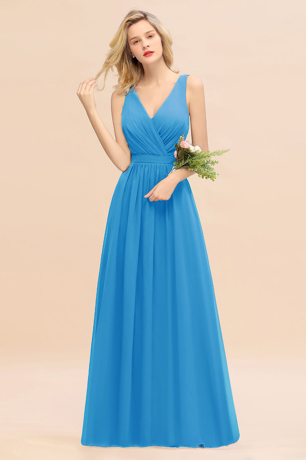 BMbridal Affordable V Ausschnitt Ruffle Long Grape Chiffon Bridesmaid Dress with Schleife