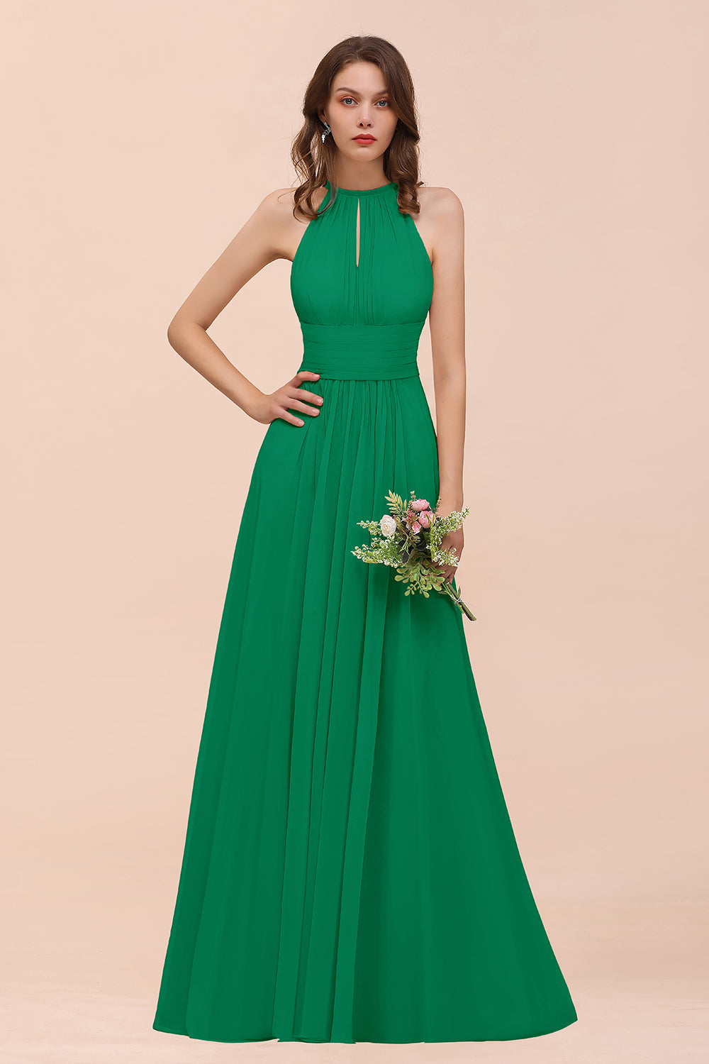 BMbridal Elegant Chiffon Jewel Ruffle Champagne Affordable Bridesmaid Dress Online