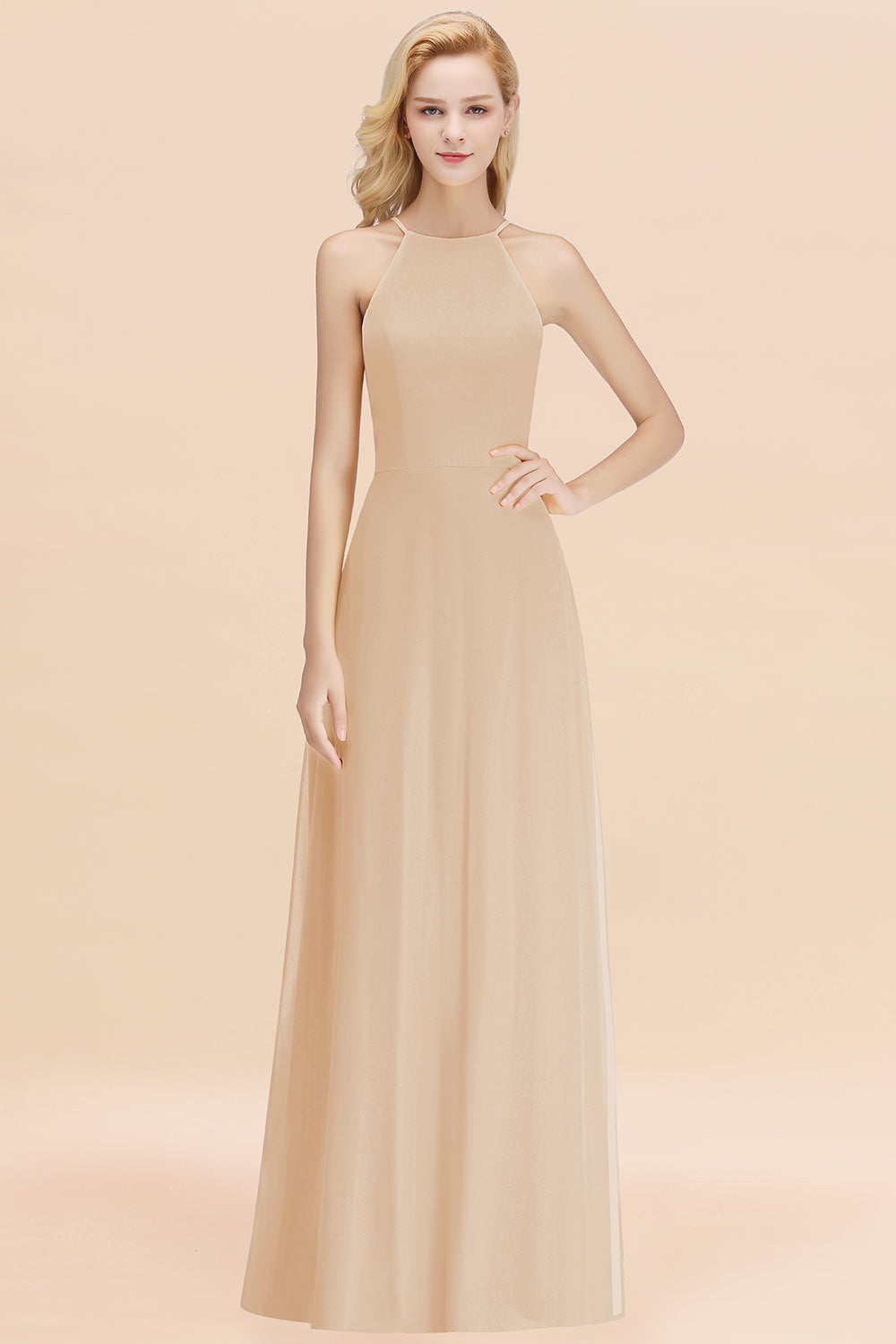 BMbridal Modest High-Neck Yellow Chiffon Affordable Bridesmaid Dresses Online