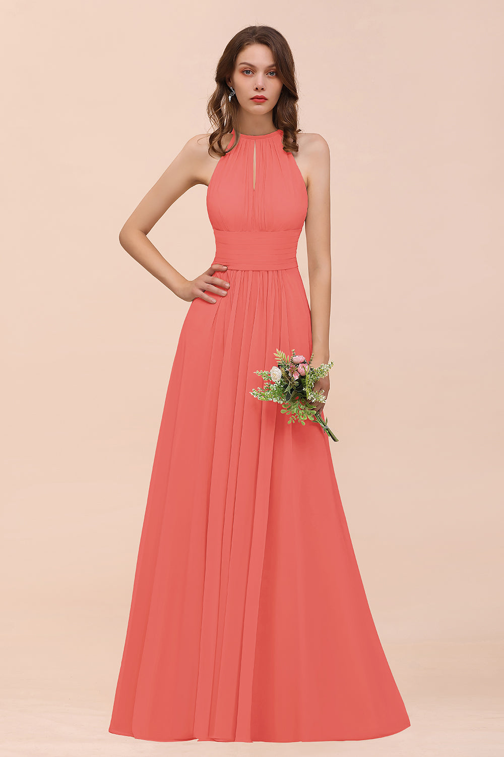 BMbridal Elegant Chiffon Jewel Ruffle Champagne Affordable Bridesmaid Dress Online