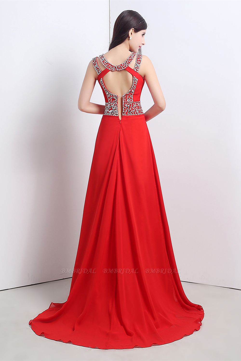 A Line High Slit Long Red Chiffon Beaded Prom Dresses