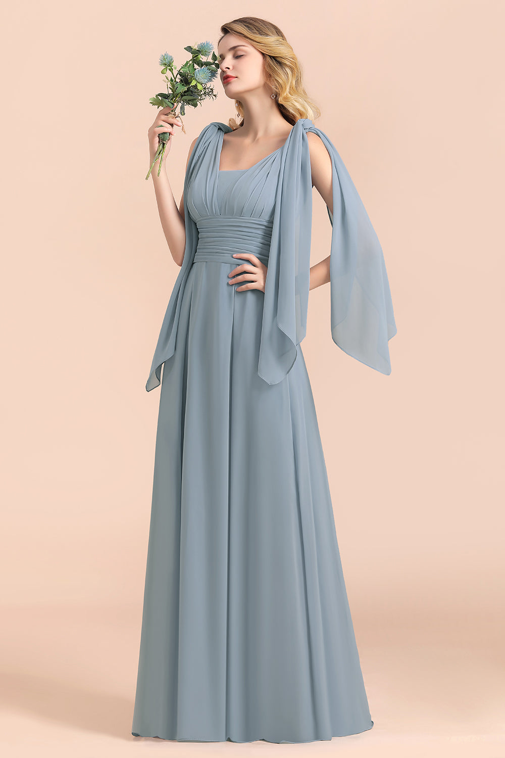 Finden Sie bei babyonlinedress.de Steel Blue Brautjungfernkleider Lang online.  Chiffon Kleider Günstig für Sie zur Hochzeit gehen,